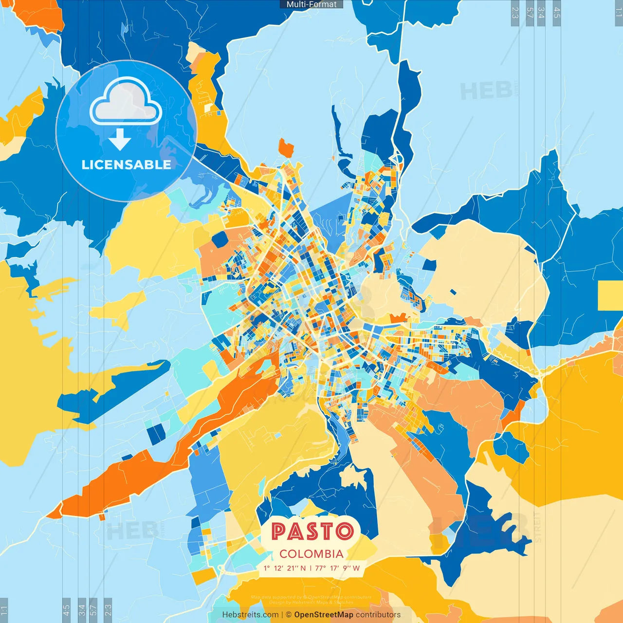Pasto, Colombia blue and orange vector art map template