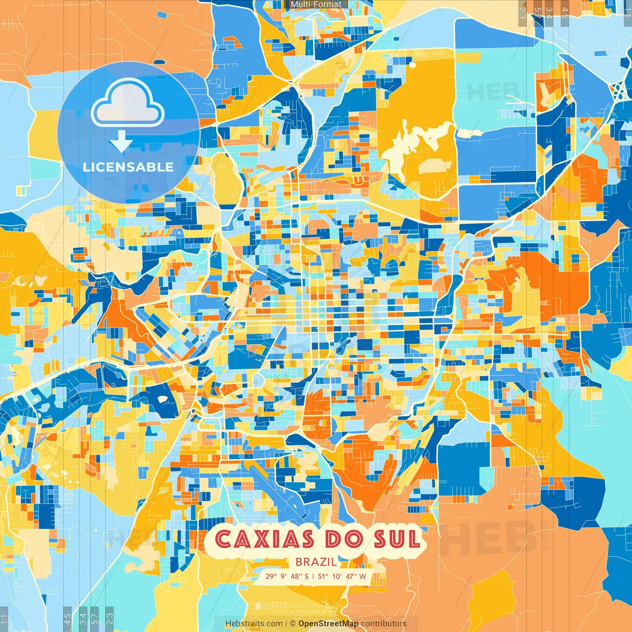 Caxias do Sul, Brazil blue and orange vector art map template