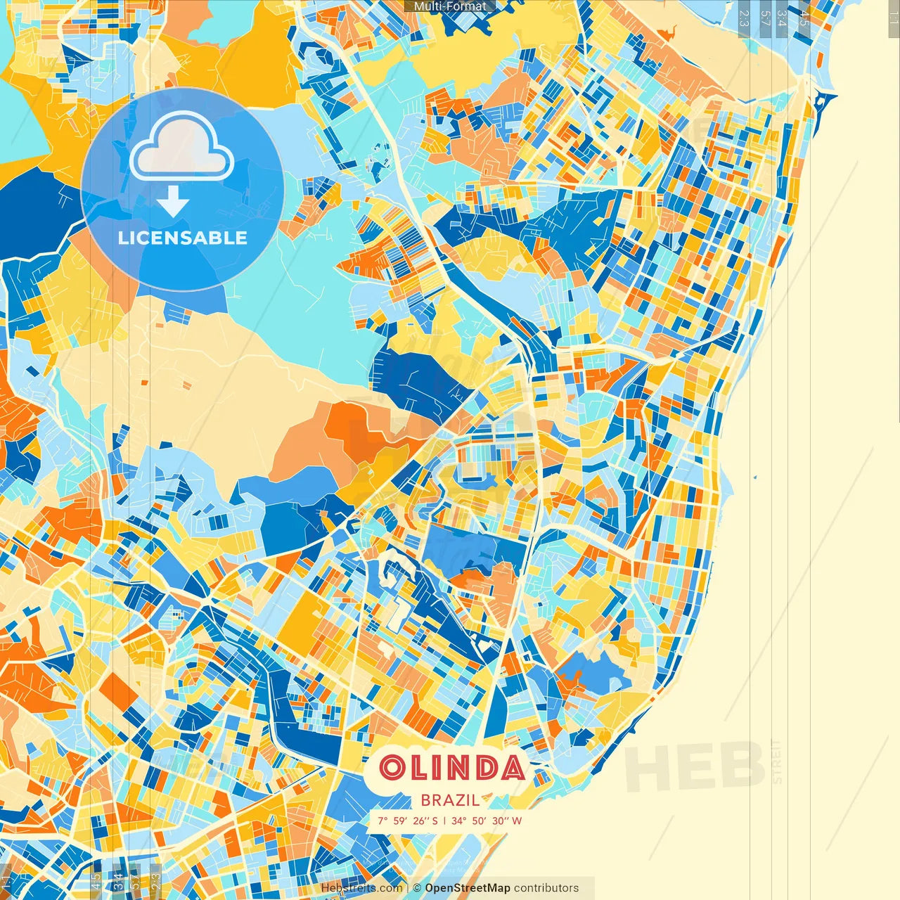 Olinda, Brazil blue and orange vector art map template