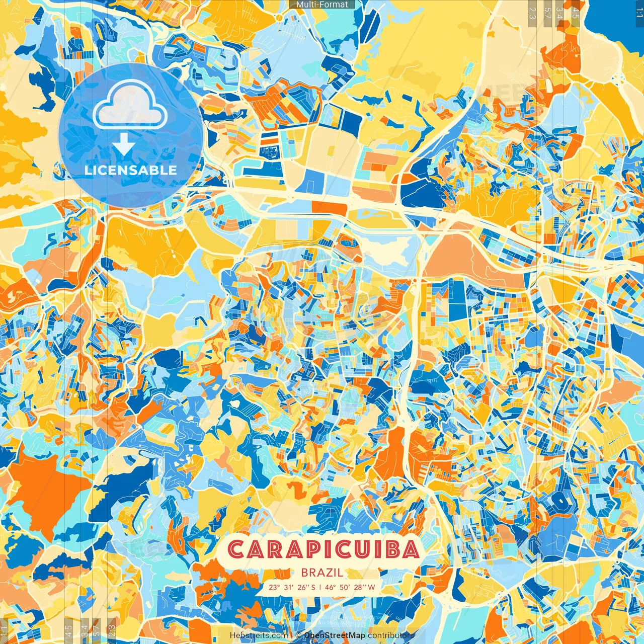 Carapicuiba, Brazil blue and orange vector art map template