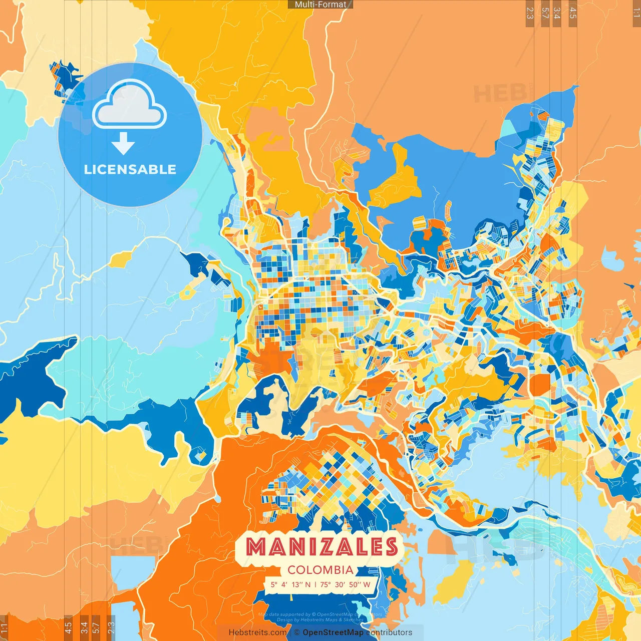 Manizales, Colombia blue and orange vector art map template