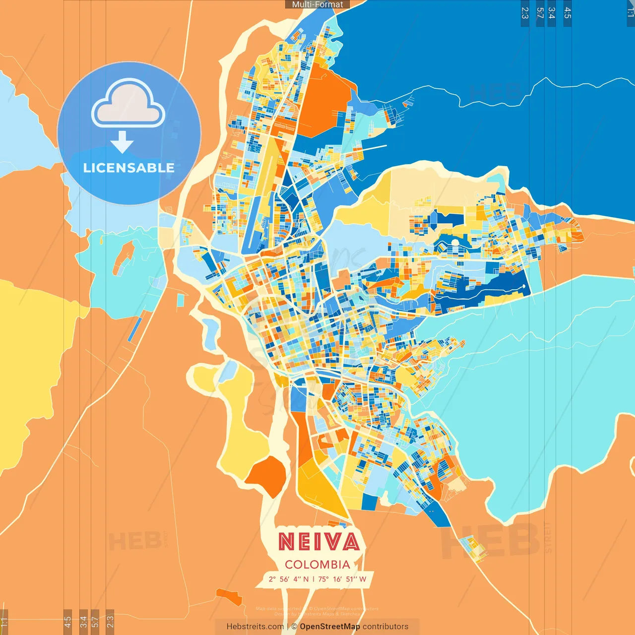 Neiva, Colombia blue and orange vector art map template
