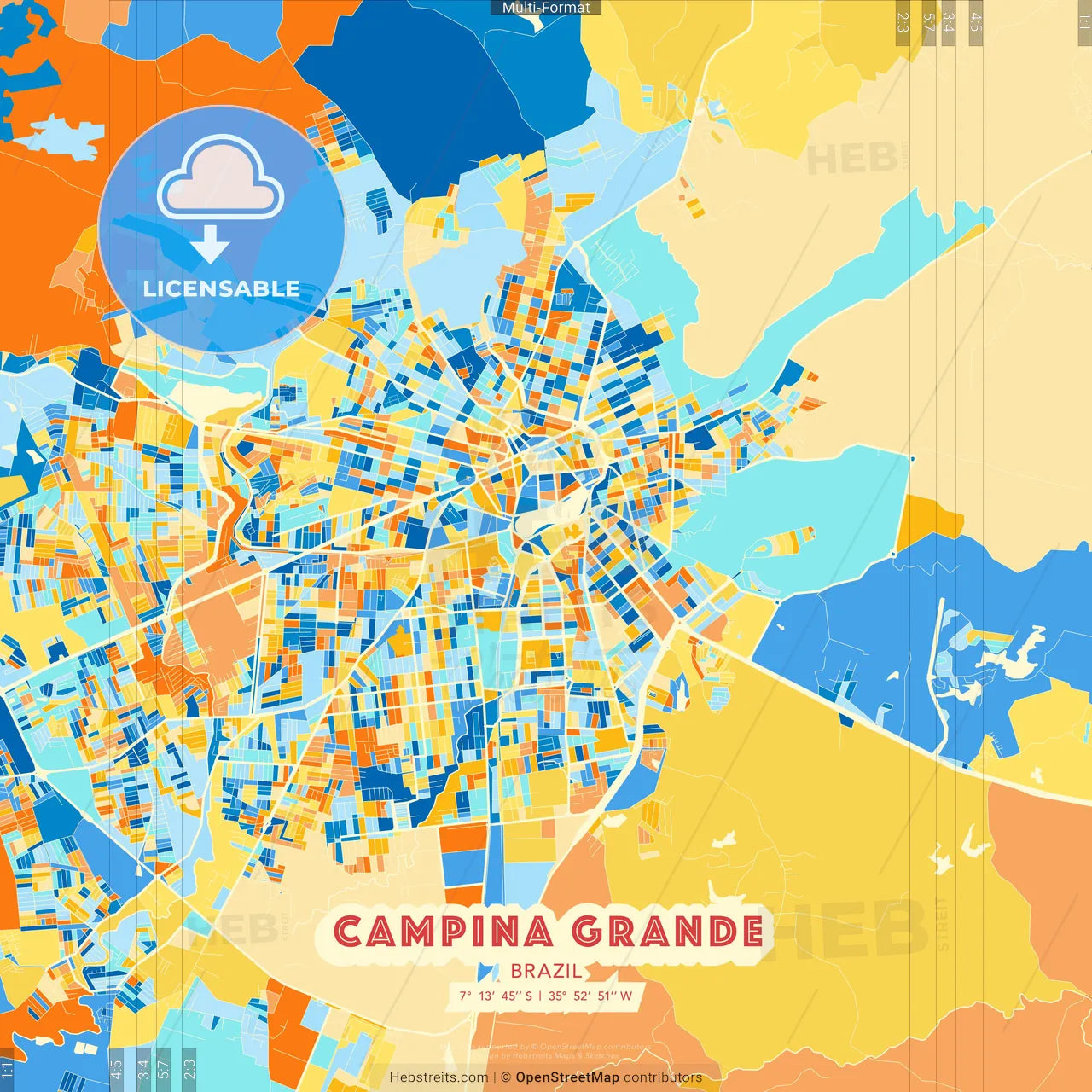 Campina Grande, Brazil blue and orange vector art map template