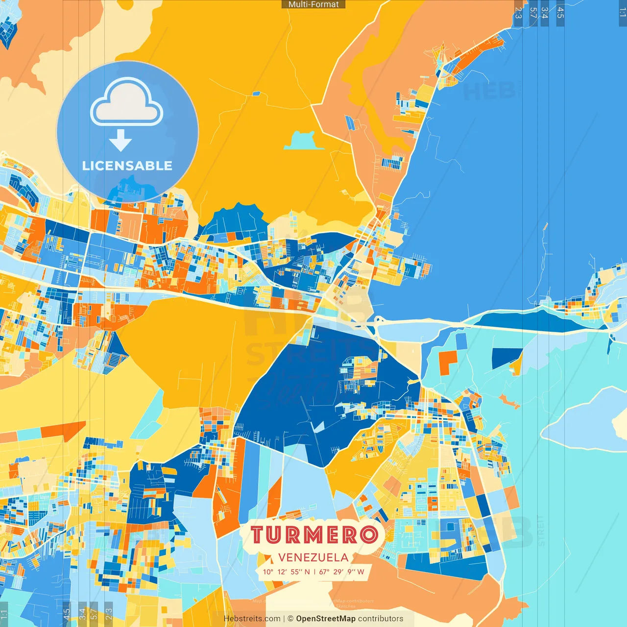 Turmero, Venezuela blue and orange vector art map template