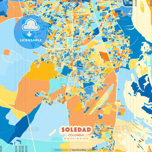 Soledad, Colombia blue and orange vector art map template