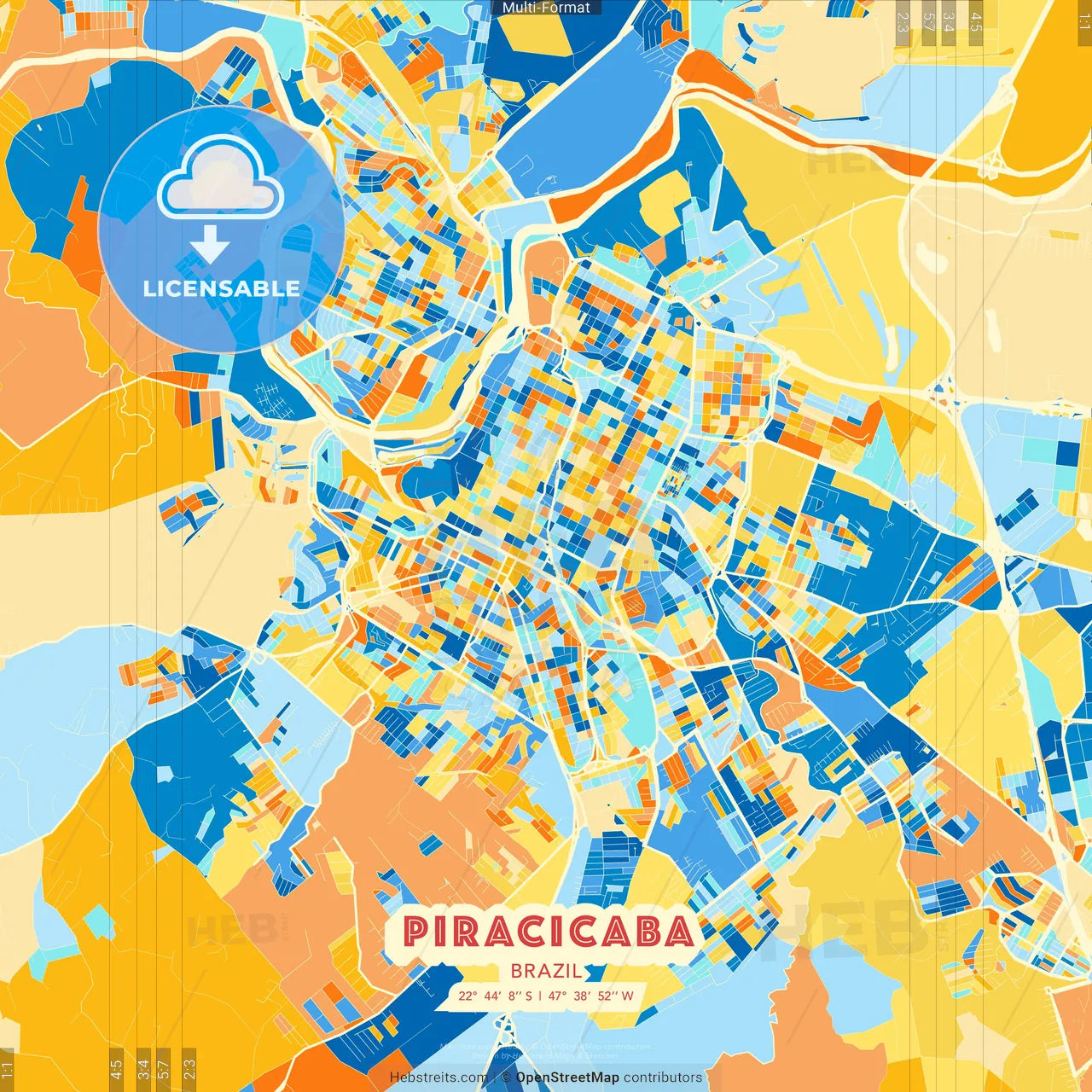 Piracicaba, Brazil blue and orange vector art map template