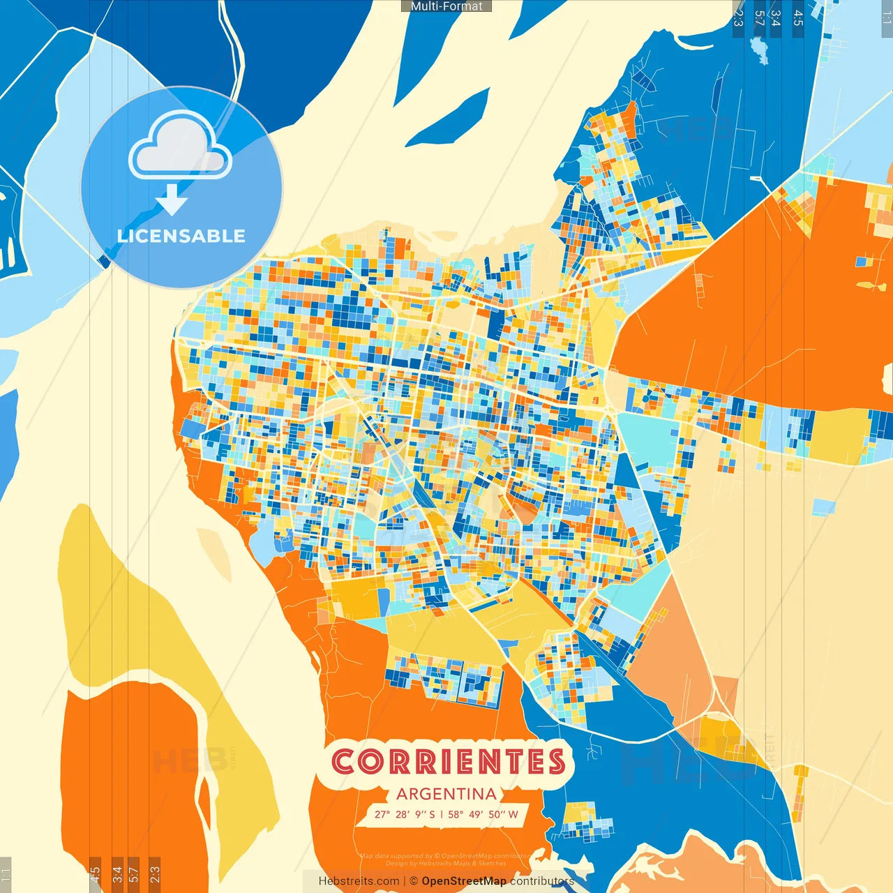 Corrientes, Argentina blue and orange vector art map template
