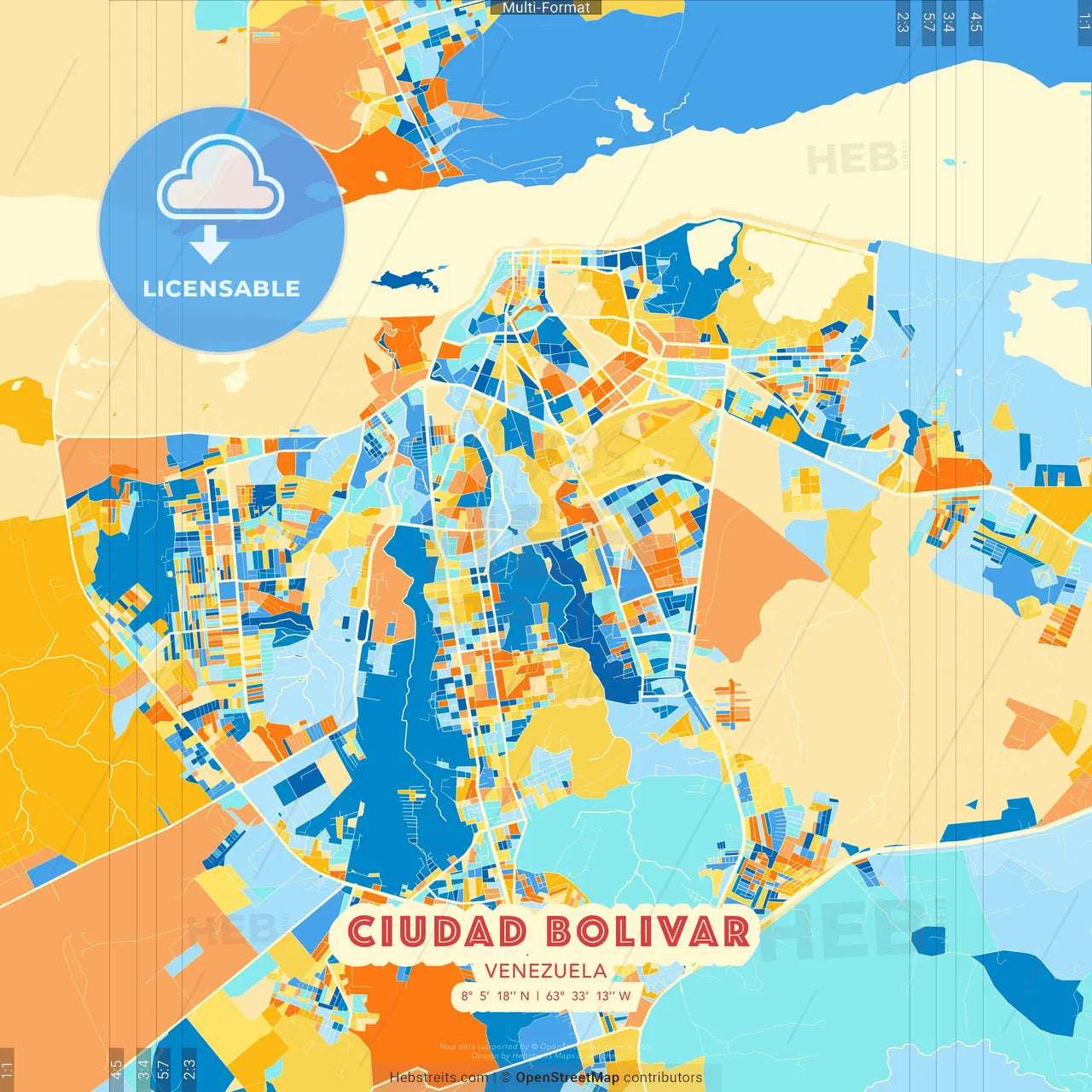 Ciudad Bolivar, Venezuela blue and orange vector art map template