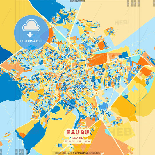 Bauru, Brazil blue and orange vector art map template