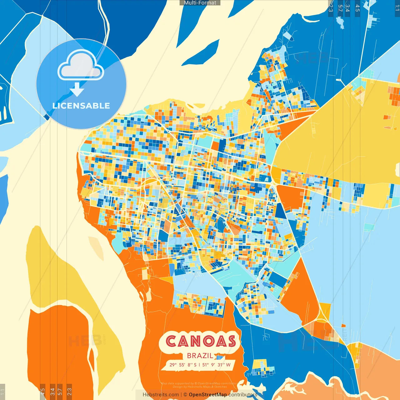 Canoas, Brazil blue and orange vector art map template