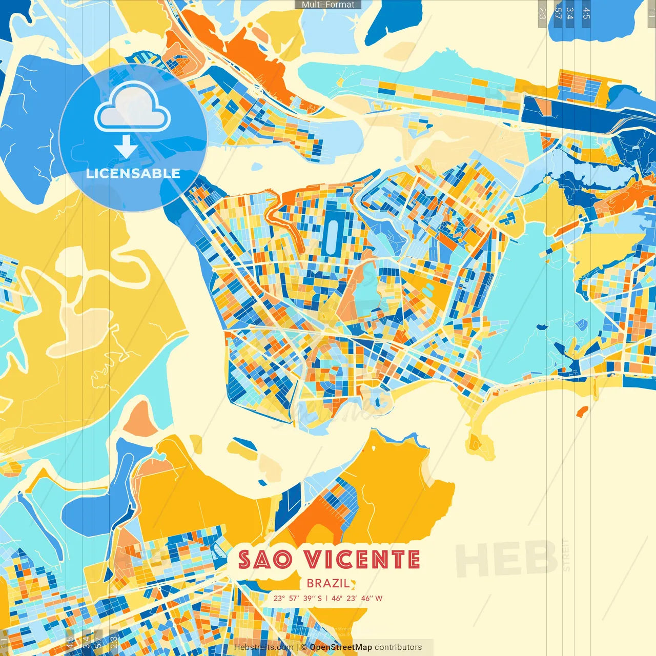 Sao Vicente, Brazil blue and orange vector art map template