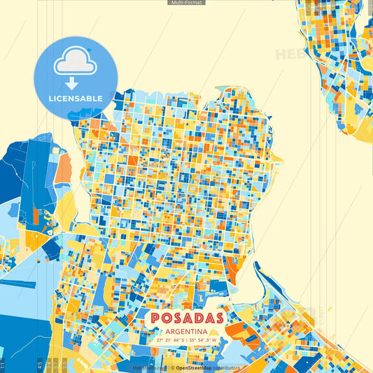 Posadas, Argentina blue and orange vector art map template