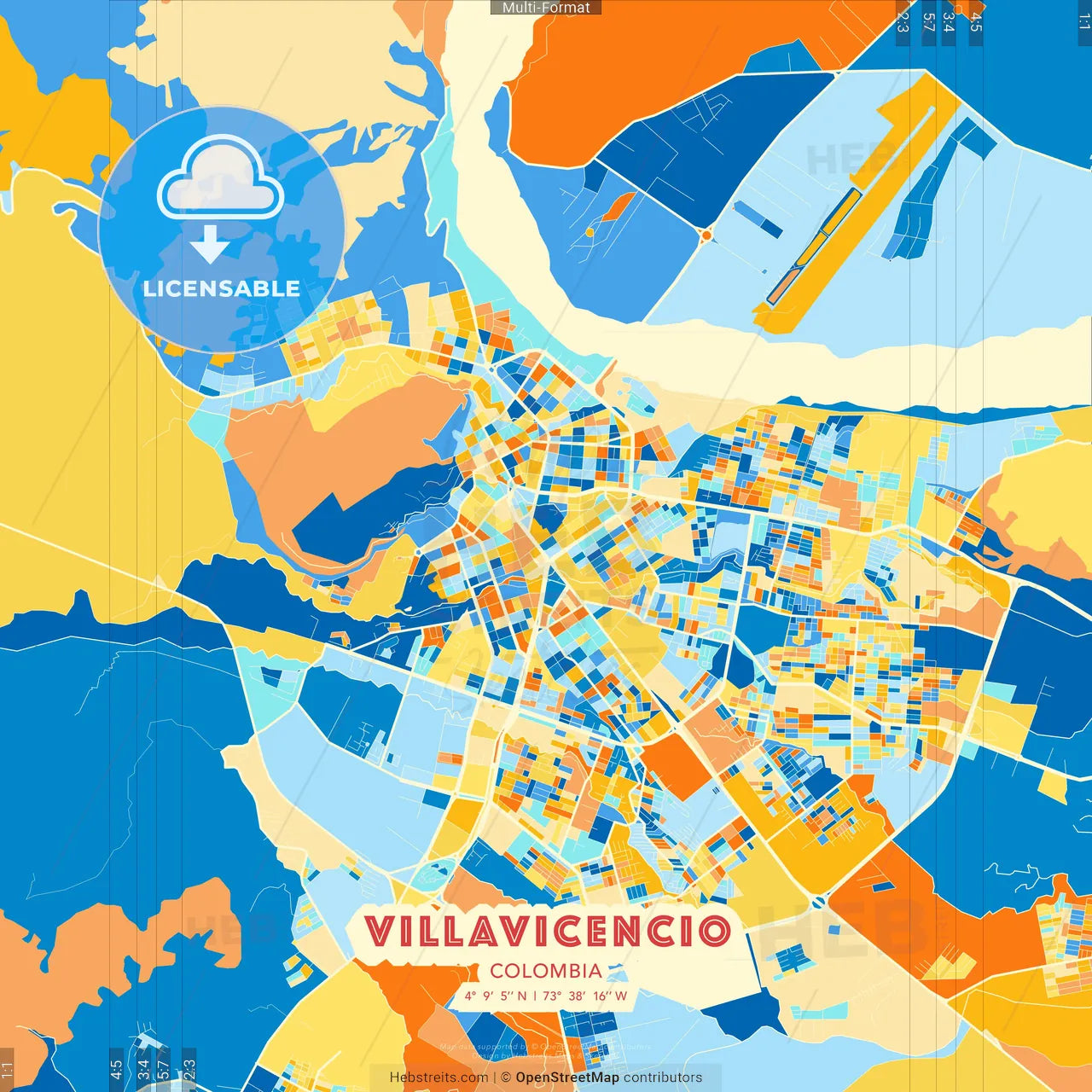 Villavicencio, Colombia blue and orange vector art map template