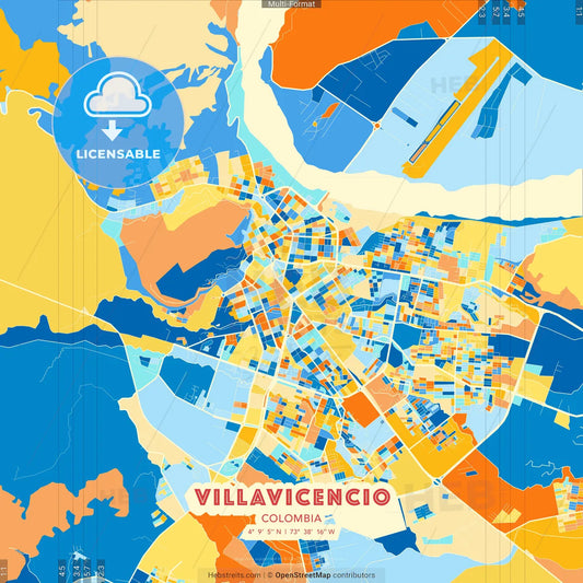 Villavicencio, Colombia blue and orange vector art map template