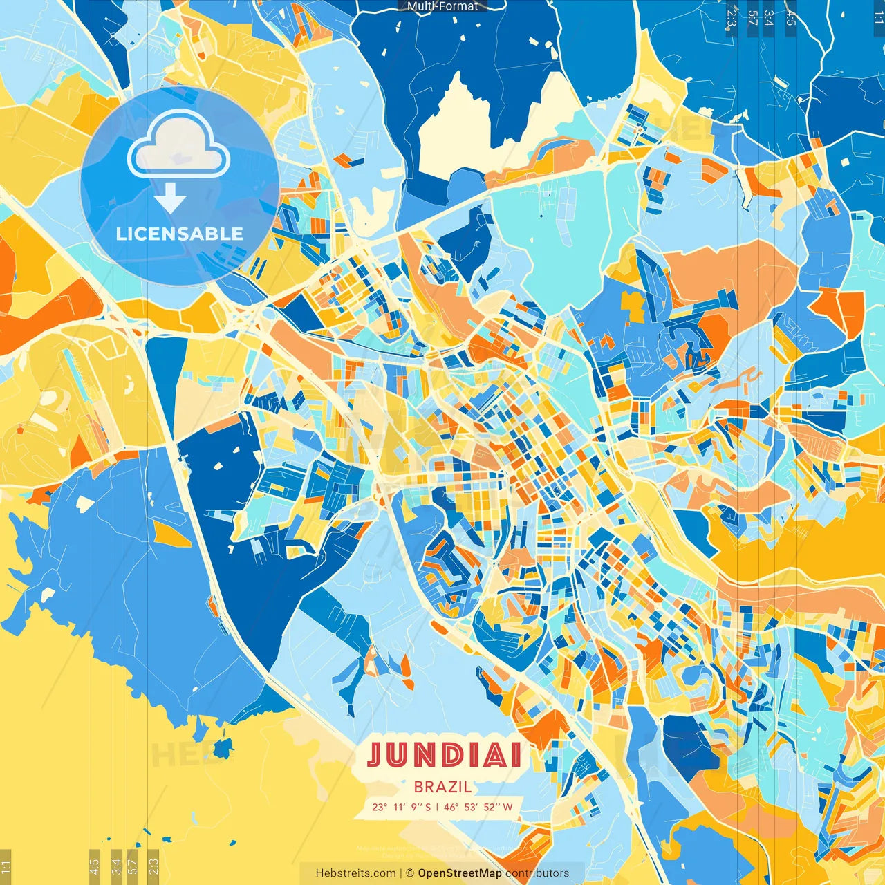 Jundiai, Brazil blue and orange vector art map template