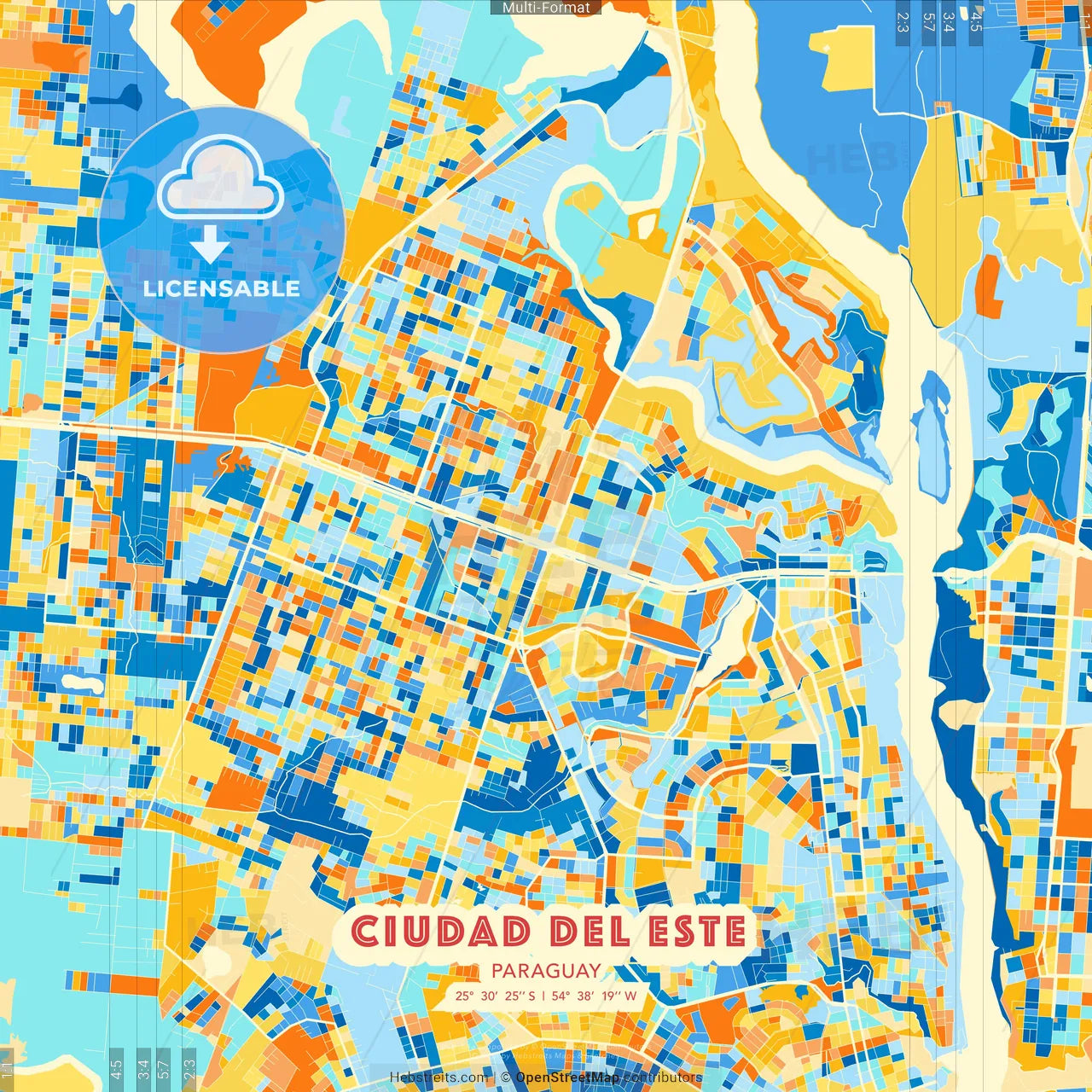 Ciudad del Este, Paraguay blue and orange vector art map template
