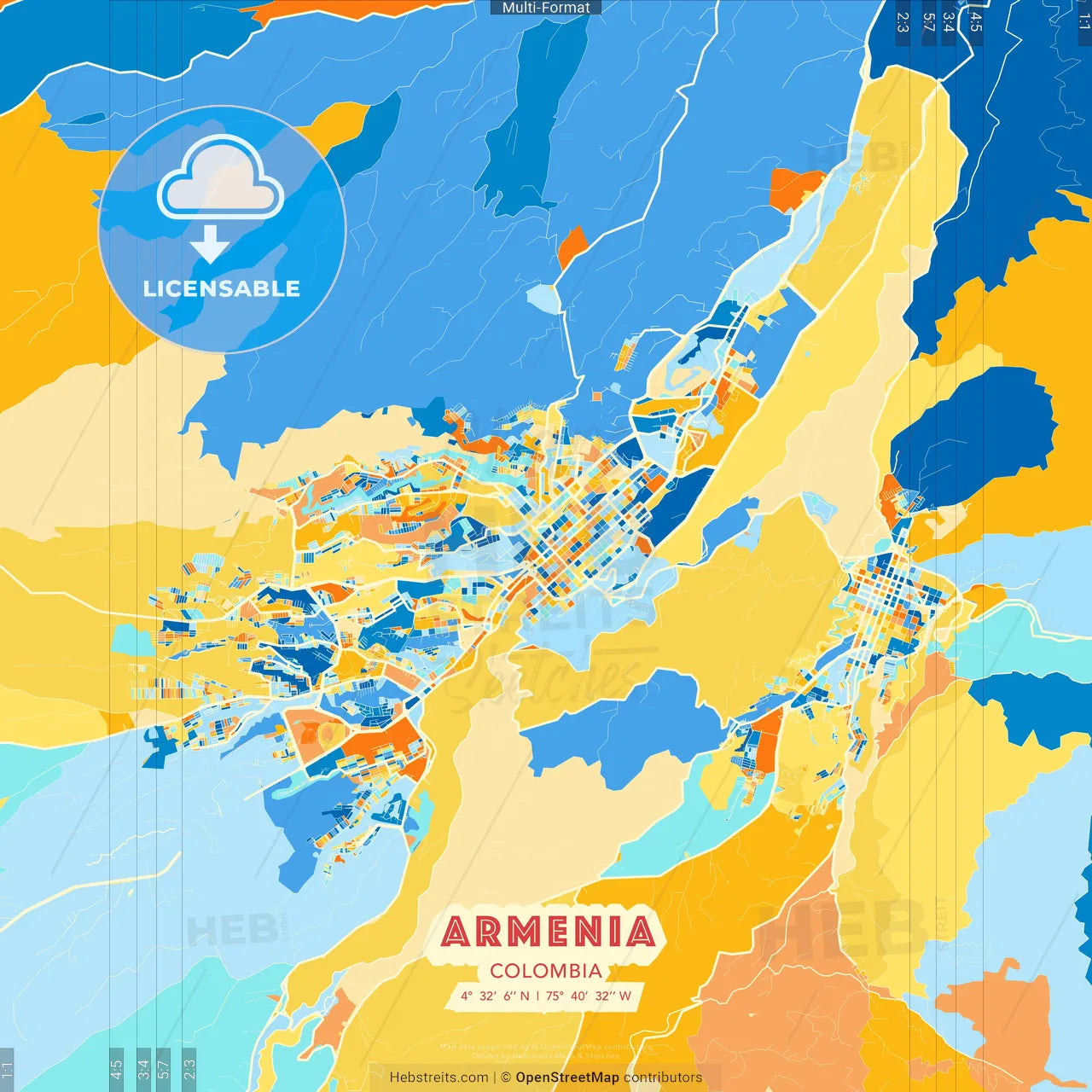 Armenia, Colombia blue and orange vector art map template