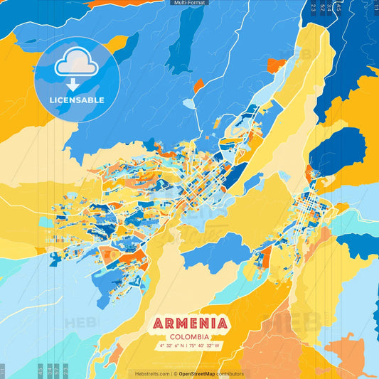 Armenia, Colombia blue and orange vector art map template