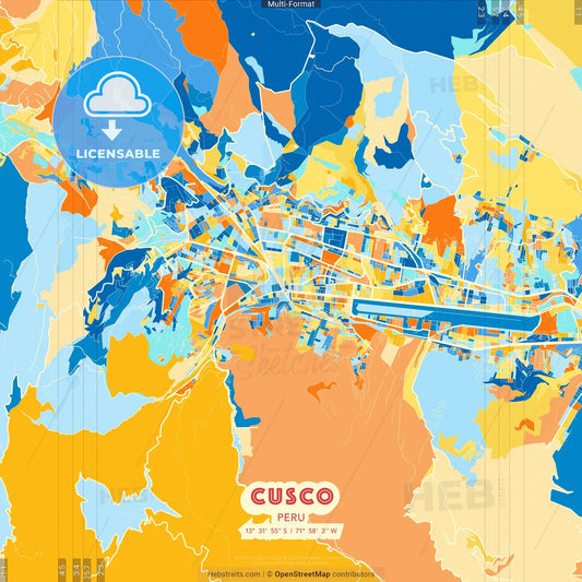 Cusco, Peru blue and orange vector art map template