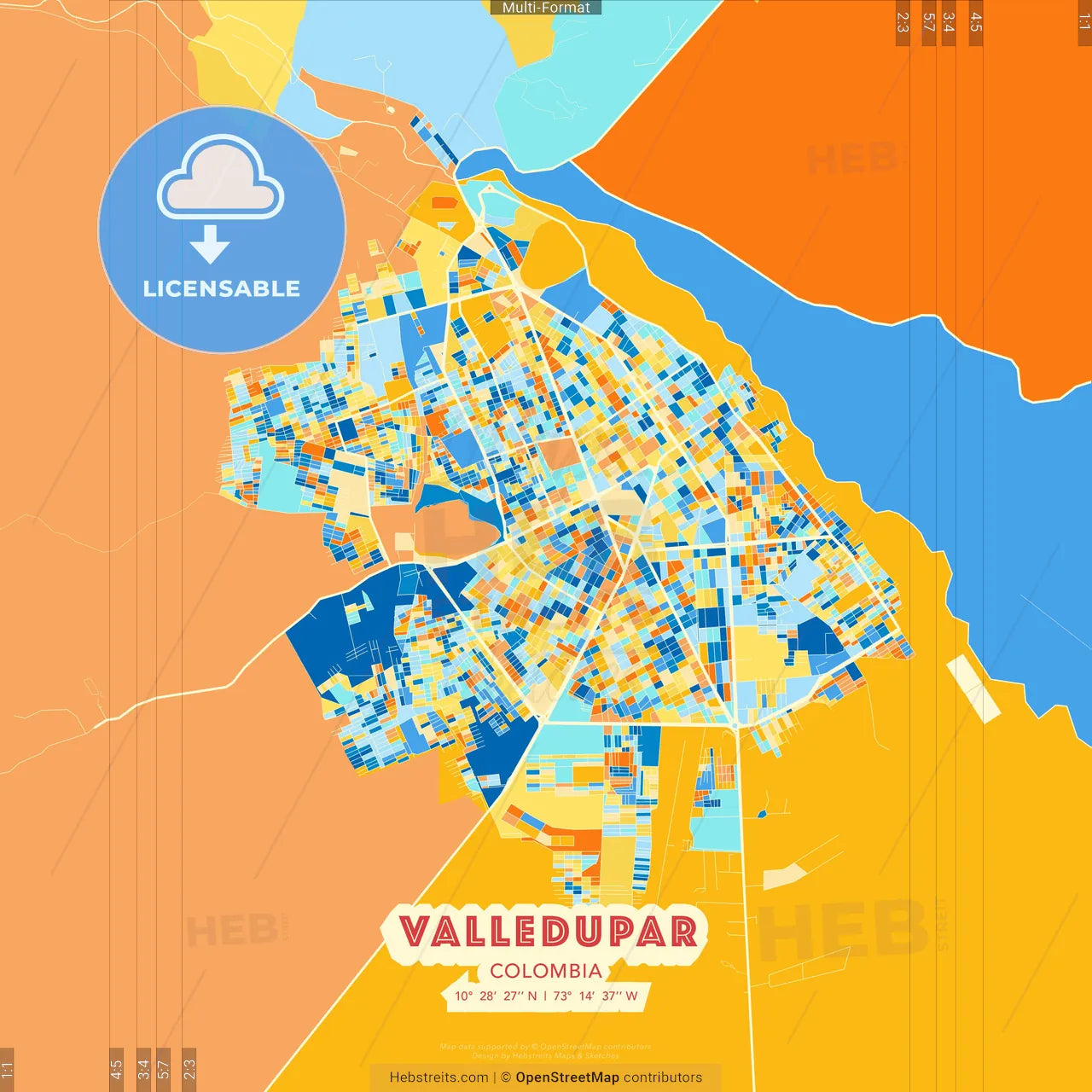Valledupar, Colombia blue and orange vector art map template
