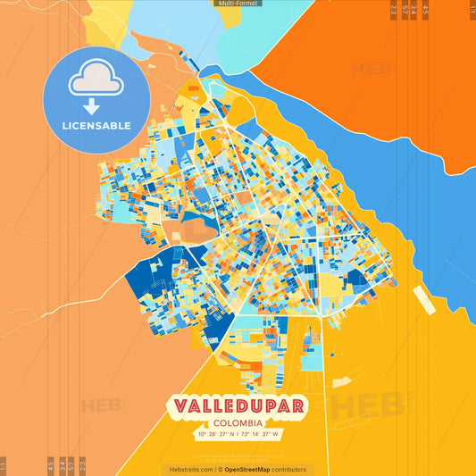 Valledupar, Colombia blue and orange vector art map template