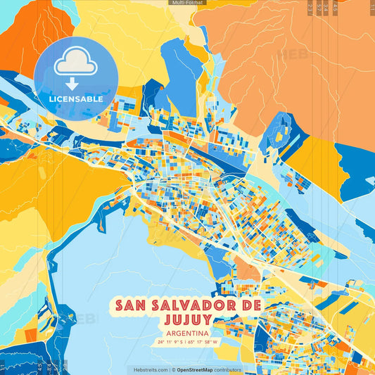 San Salvador de Jujuy, Argentina blue and orange vector art map template