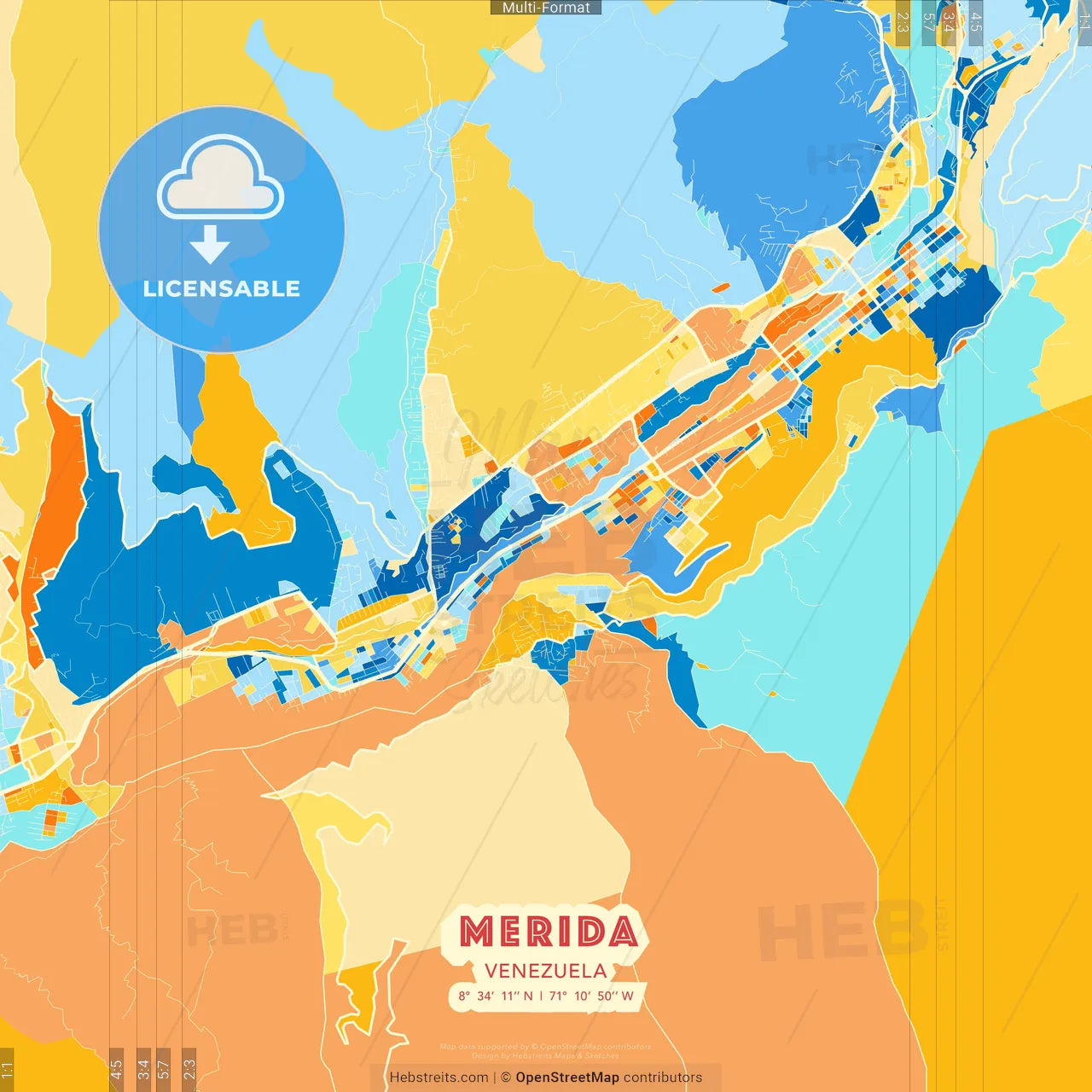 Merida, Venezuela blue and orange vector art map template