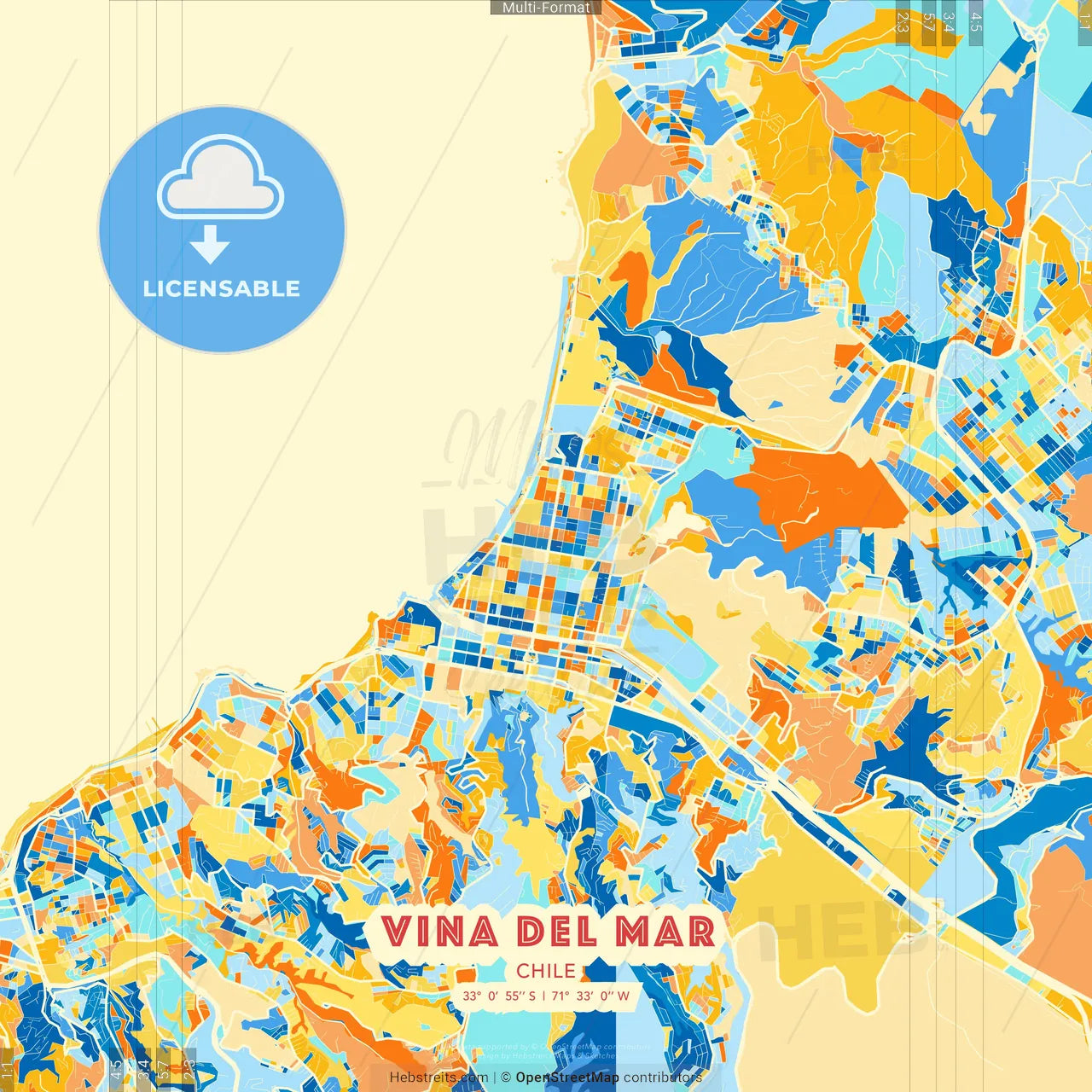 Vina del Mar, Chile blue and orange vector art map template