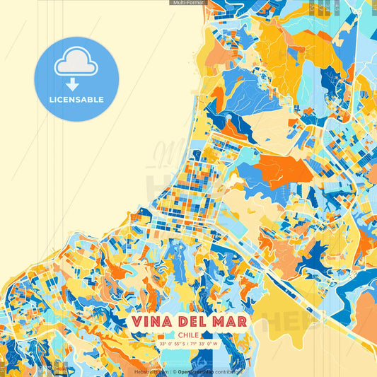 Vina del Mar, Chile blue and orange vector art map template