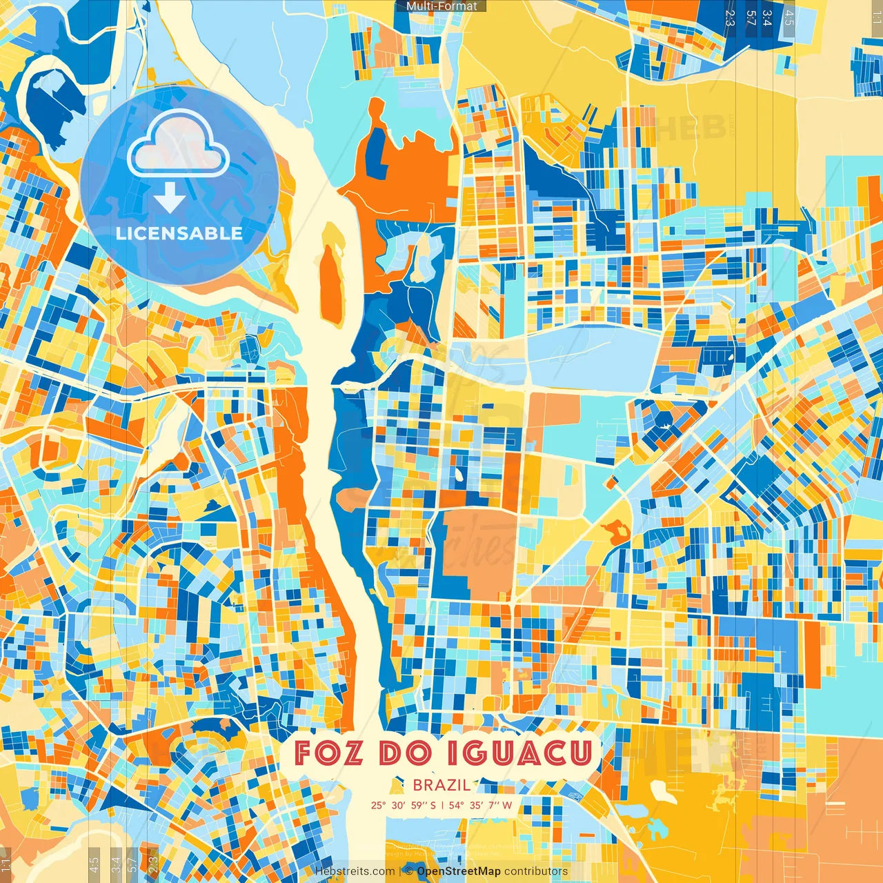 Foz do Iguacu, Brazil blue and orange vector art map template