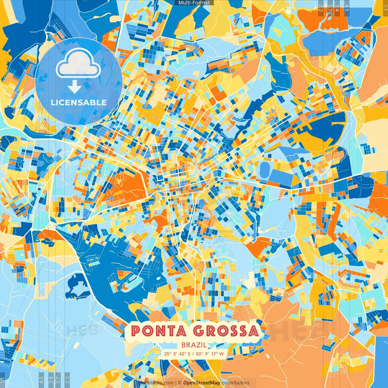 Ponta Grossa, Brazil blue and orange vector art map template