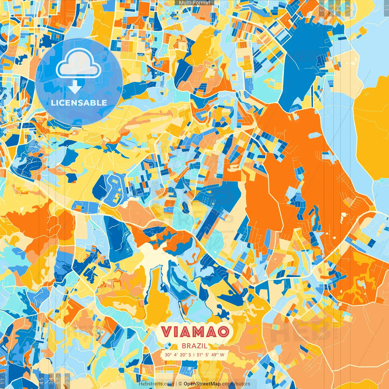 Viamao, Brazil blue and orange vector art map template