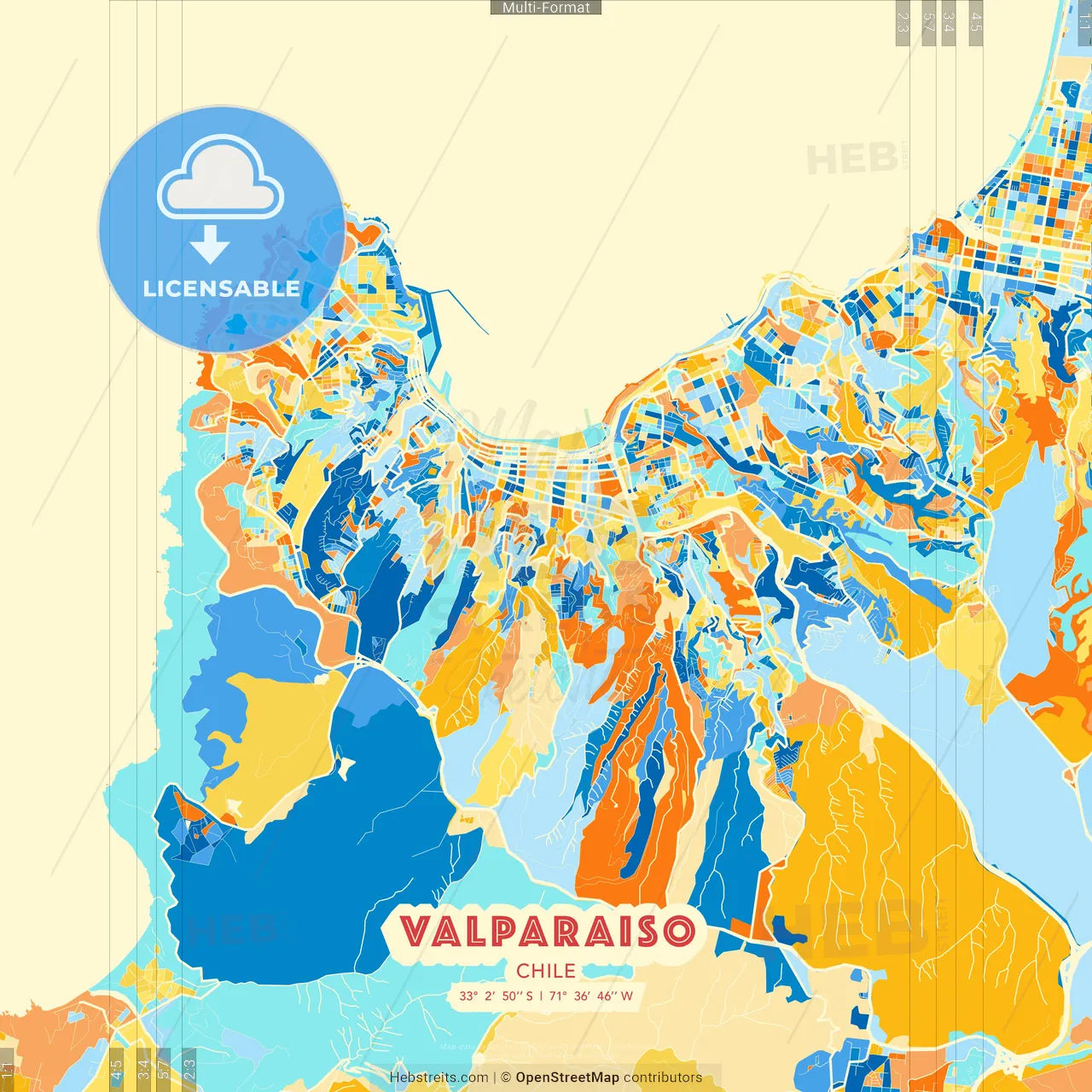 Valparaiso, Chile blue and orange vector art map template