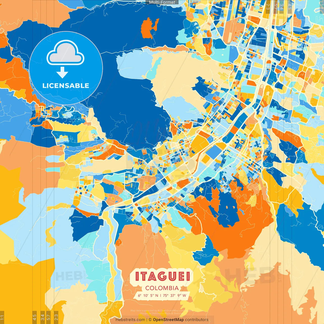 Itaguei, Colombia blue and orange vector art map template