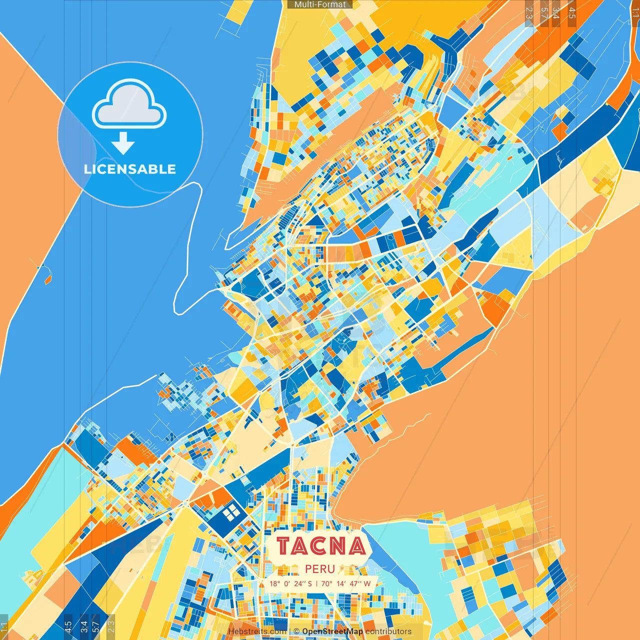 Tacna, Peru blue and orange vector art map template
