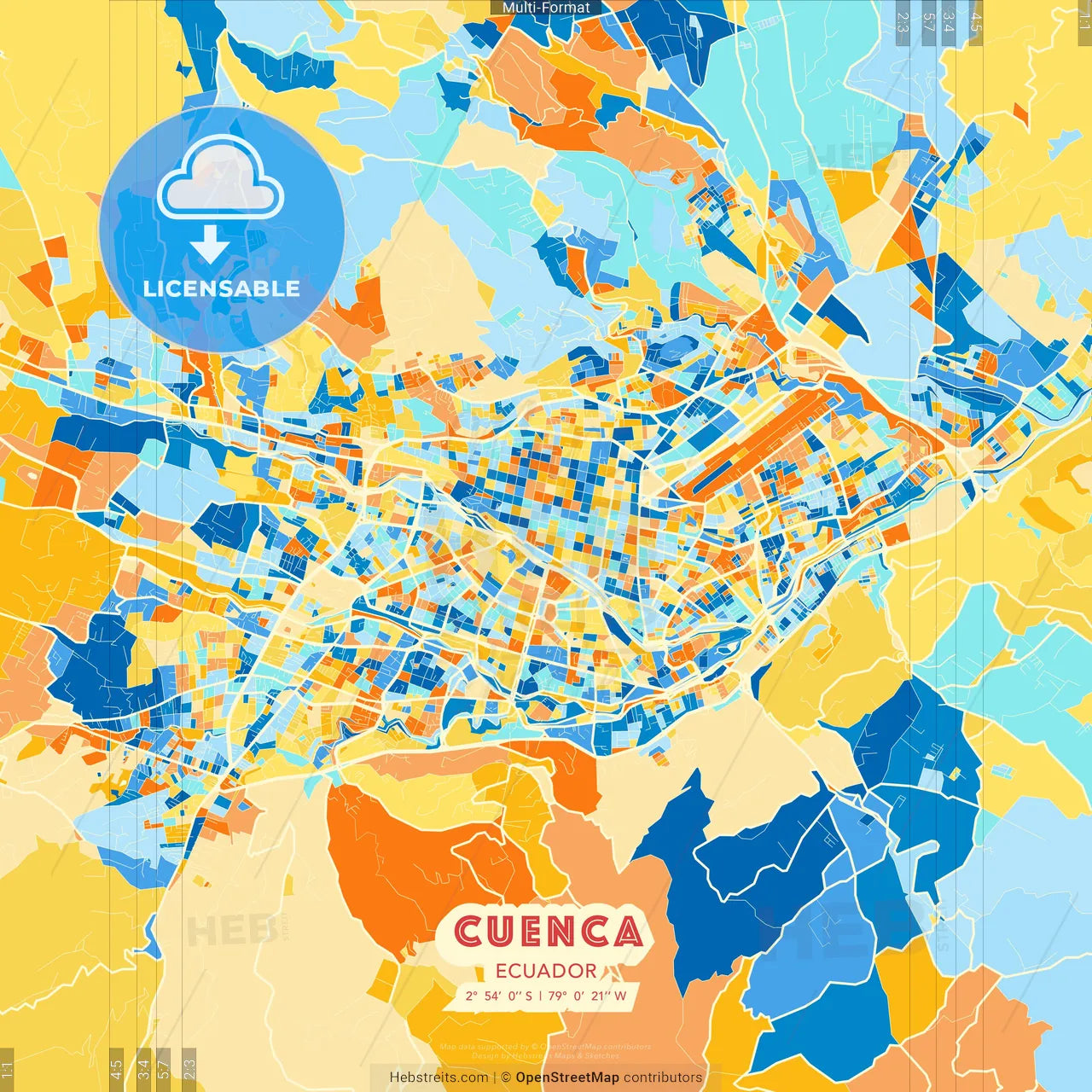 Cuenca, Ecuador blue and orange vector art map template