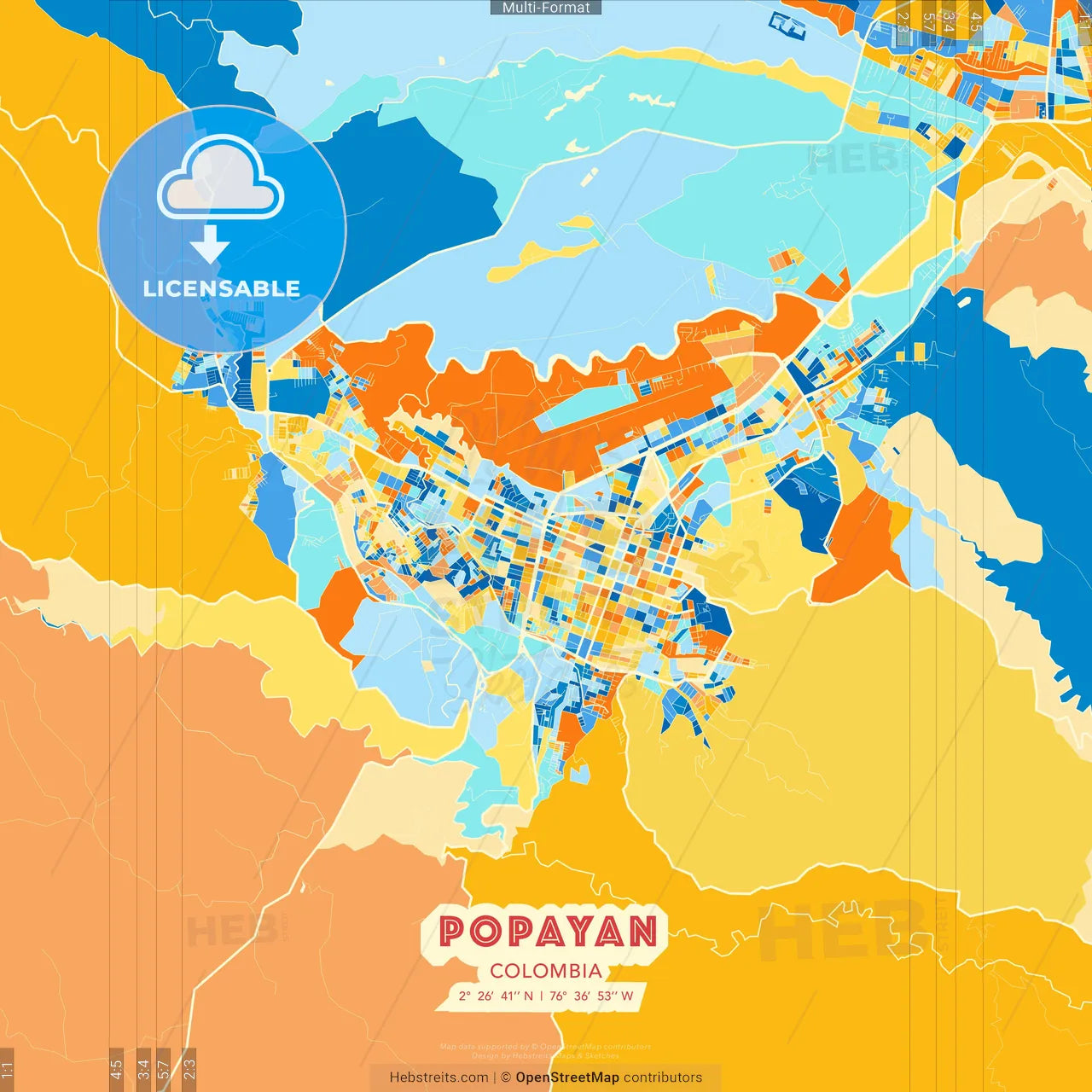 Popayan, Colombia blue and orange vector art map template