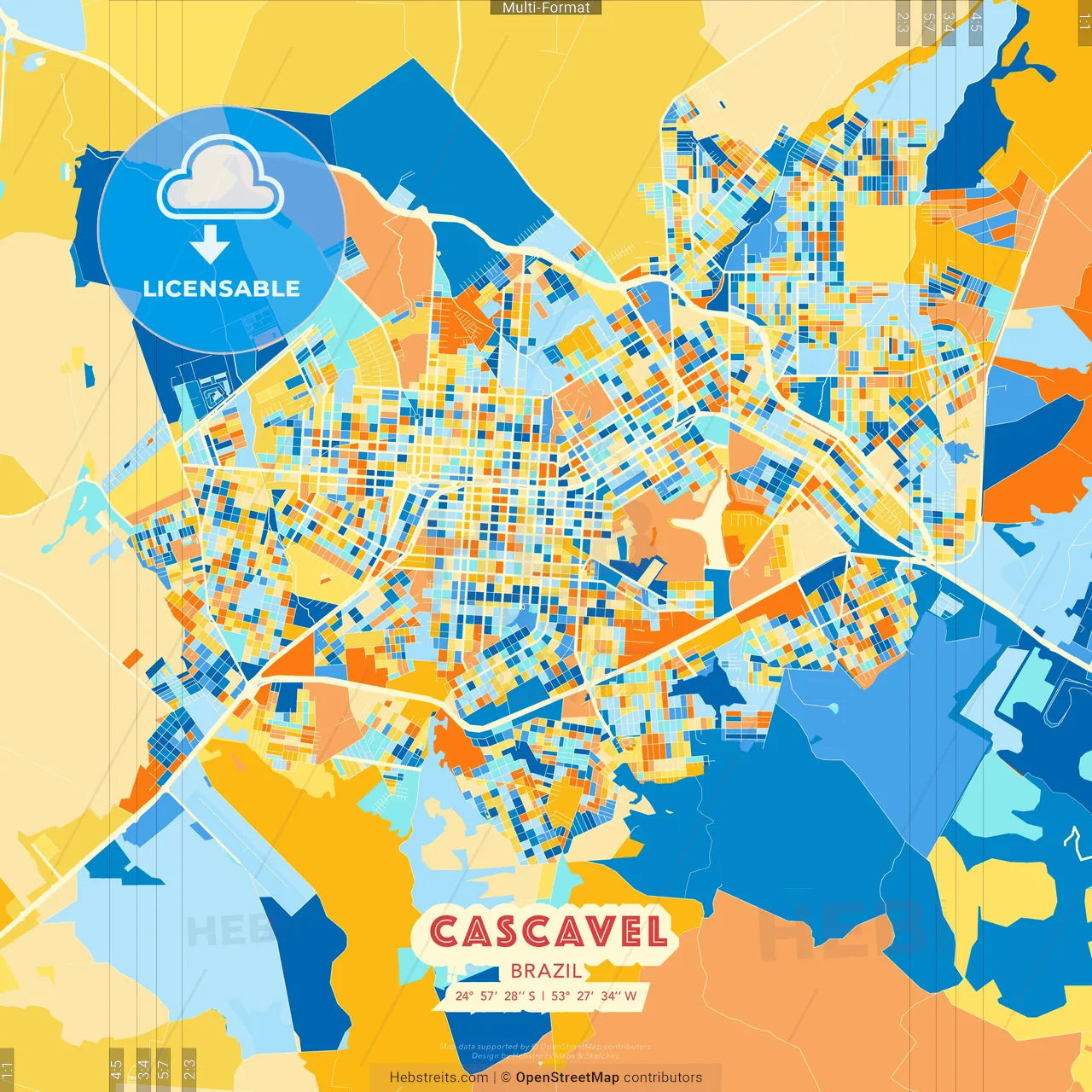 Cascavel, Brazil blue and orange vector art map template