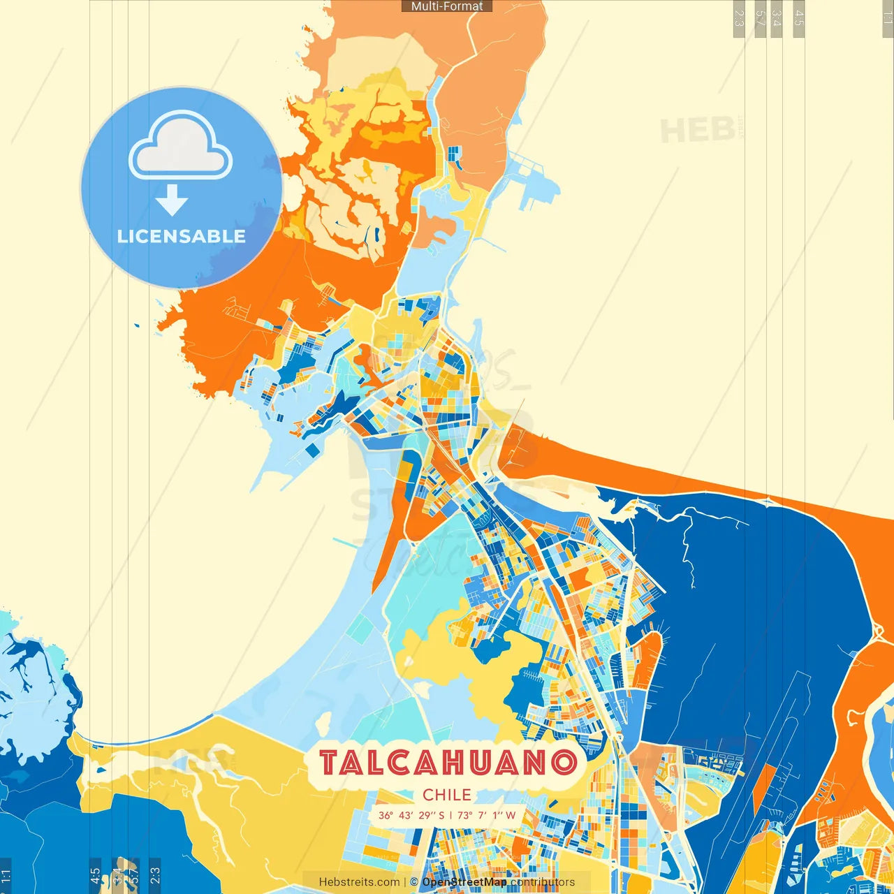 Talcahuano, Chile blue and orange vector art map template