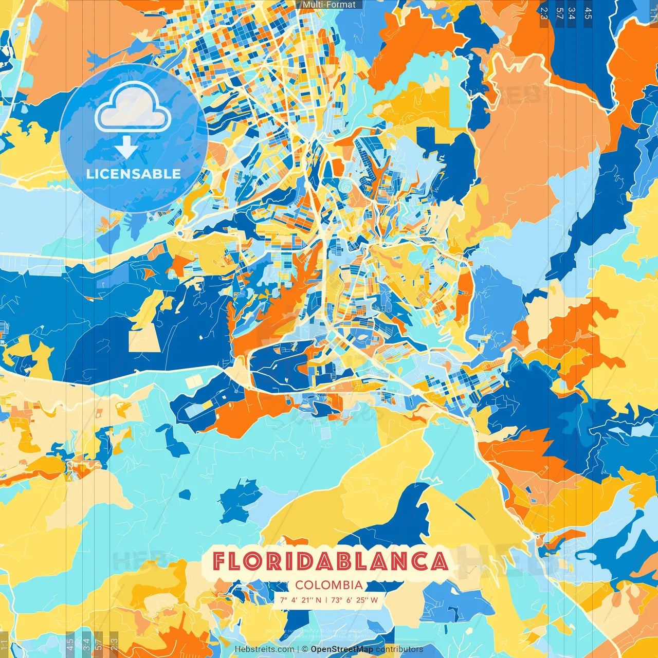 Floridablanca, Colombia blue and orange vector art map template