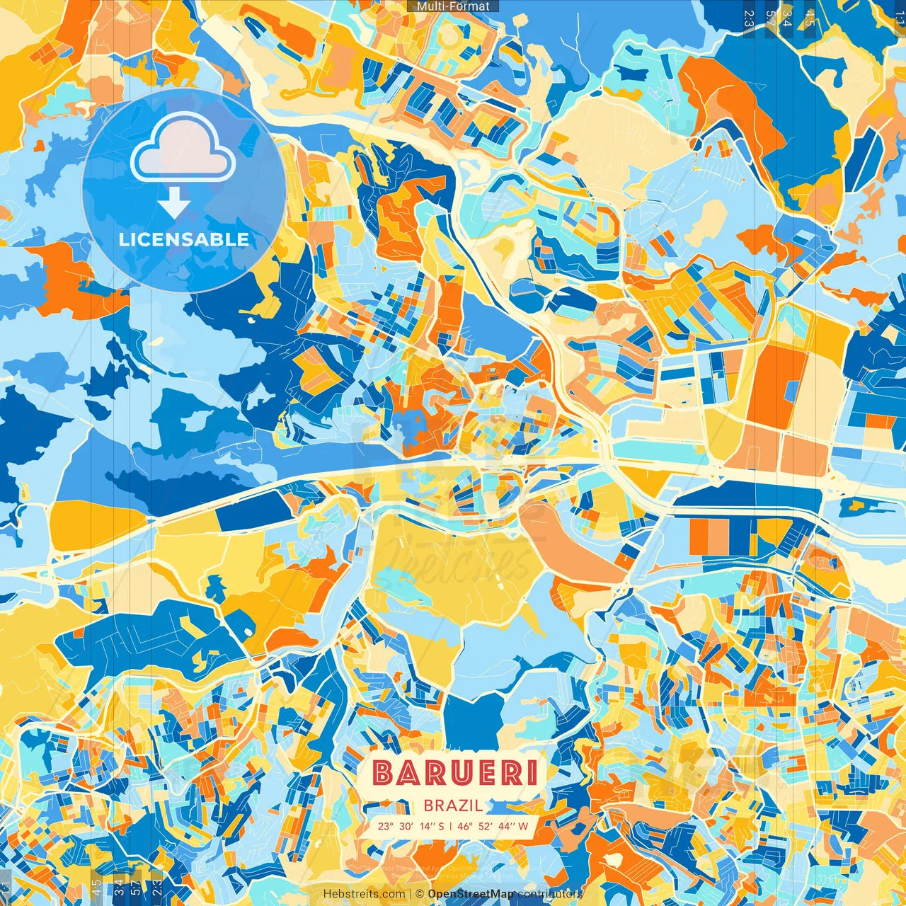 Barueri, Brazil blue and orange vector art map template