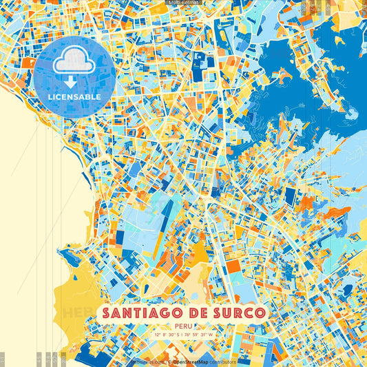 Santiago de Surco, Peru blue and orange vector art map template