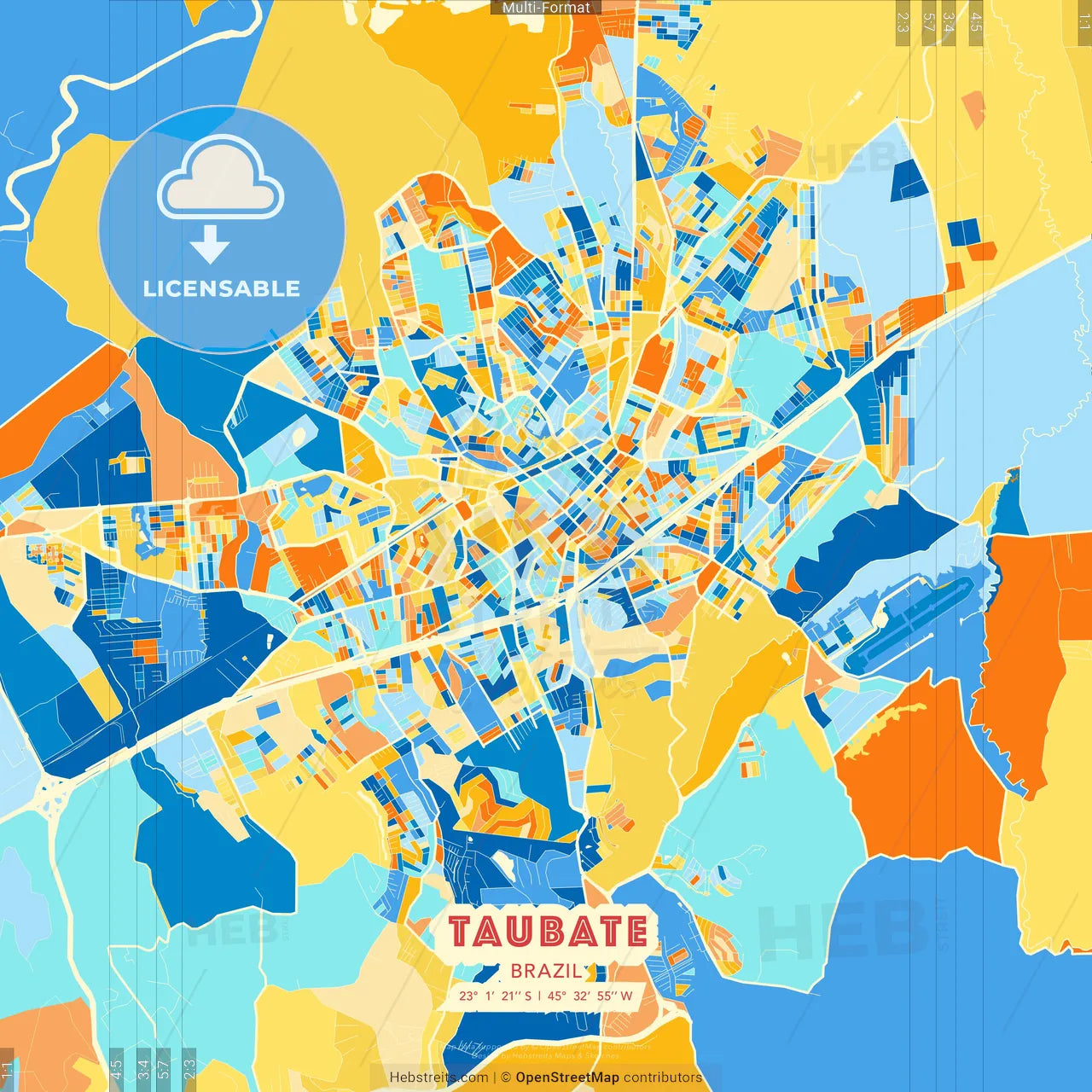 Taubate, Brazil blue and orange vector art map template