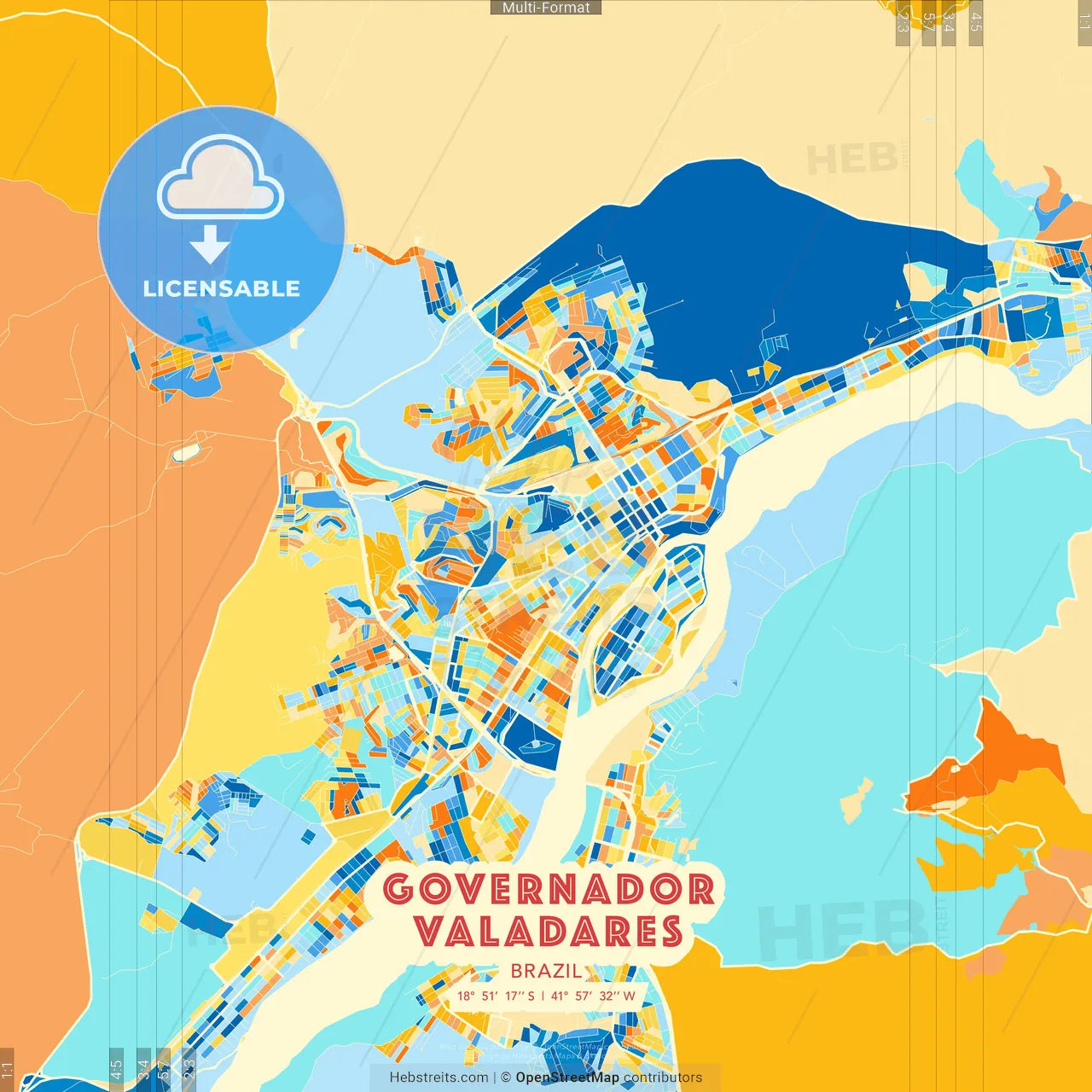 Governador Valadares, Brazil blue and orange vector art map template