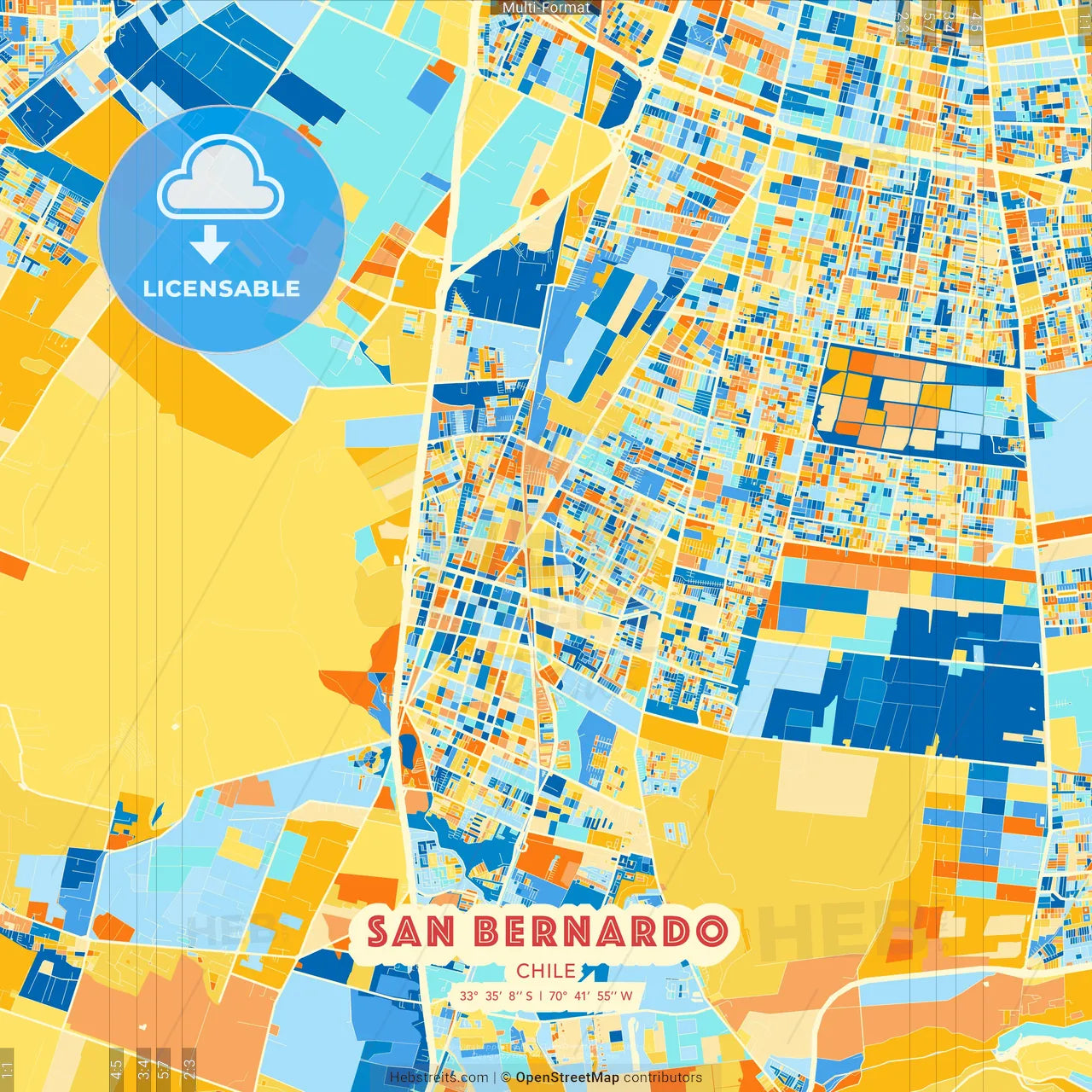 San Bernardo, Chile blue and orange vector art map template