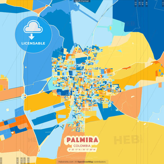 Palmira, Colombia blue and orange vector art map template
