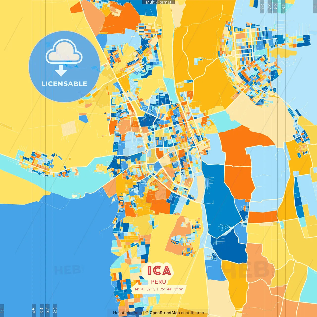 Ica, Peru blue and orange vector art map template