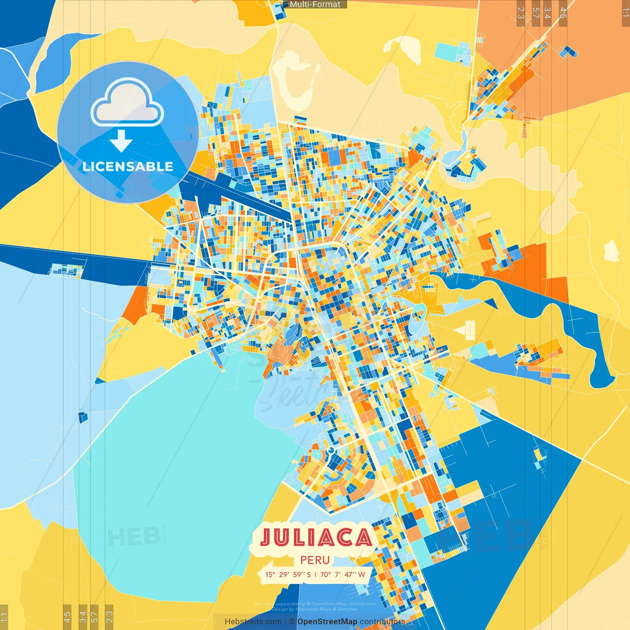 Juliaca, Peru blue and orange vector art map template
