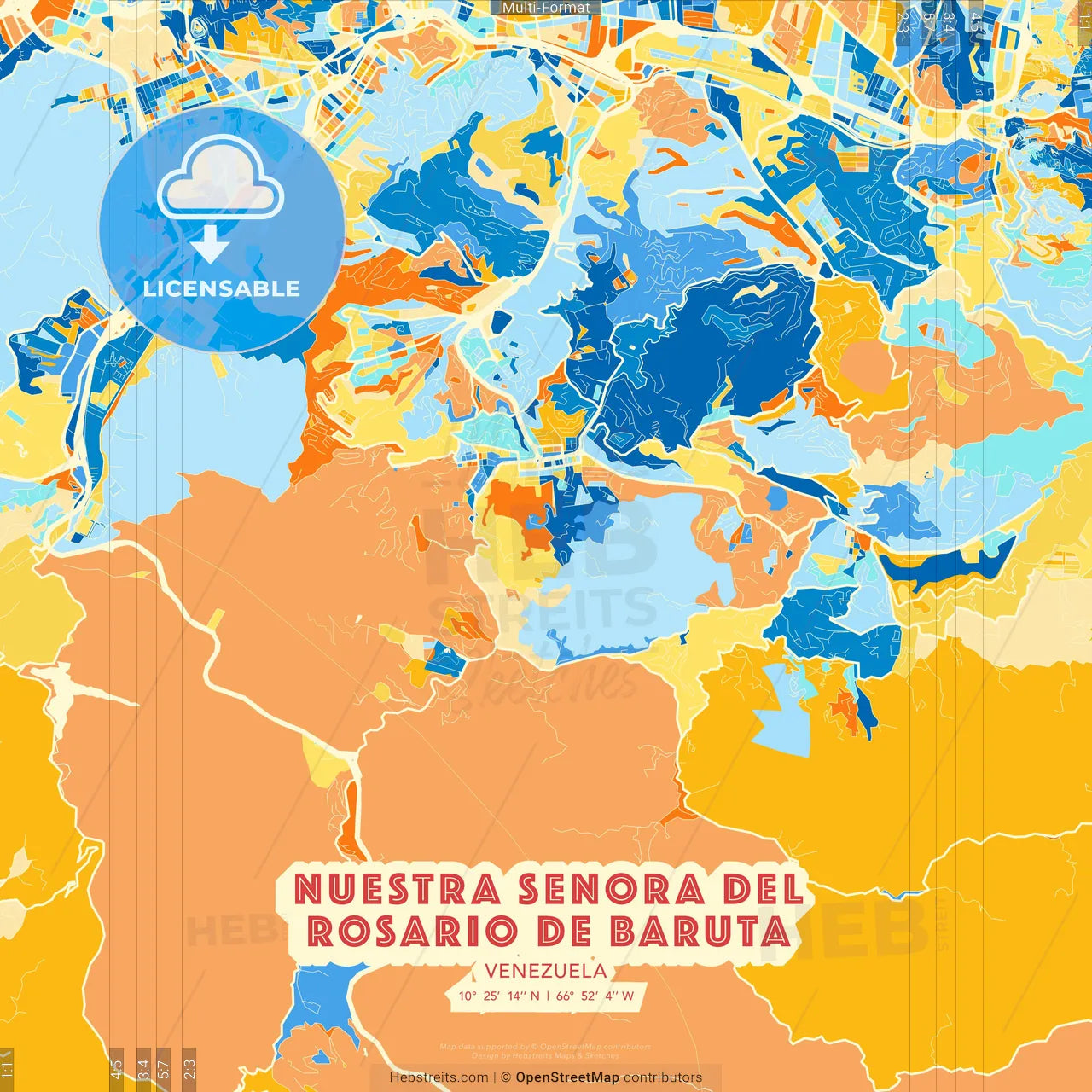 Nuestra Senora del Rosario de Baruta, Venezuela blue and orange vector art map template