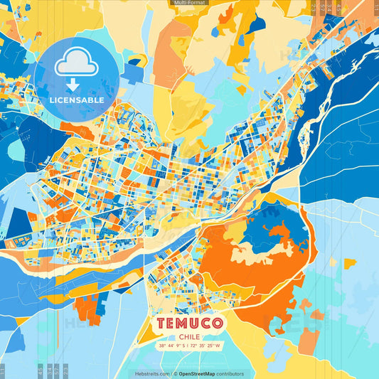 Temuco, Chile blue and orange vector art map template